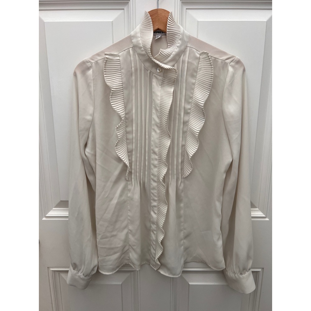 Express Ivory Pleated High Neck Ruffle Tuxedo Blouse Long Sleeve Off White S